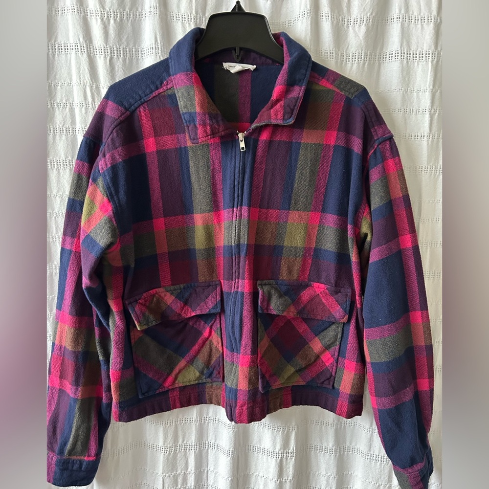 beachlunchlounge Plaid Bomber Shirt Jacket in Pink and Navy